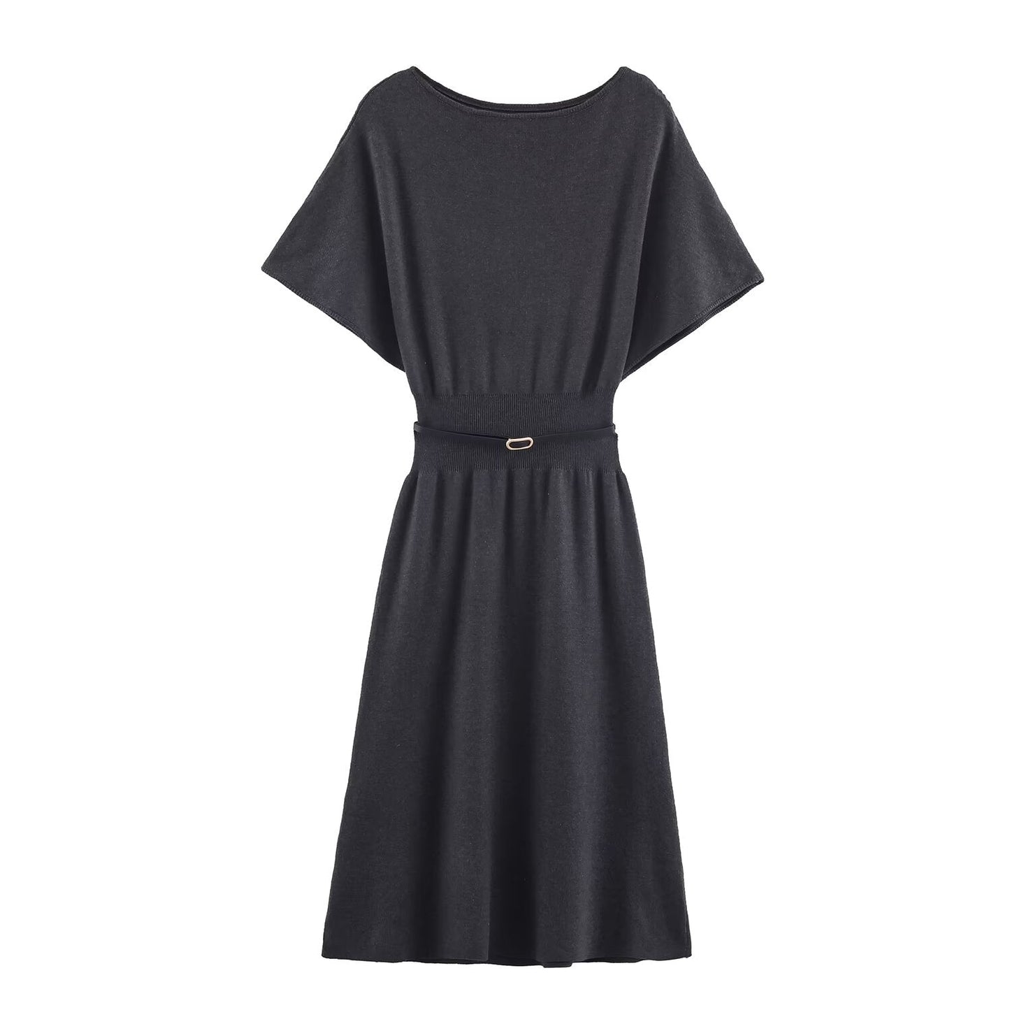 Women Clothing with Belt Knitted Mid Length Dress