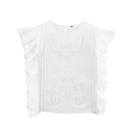 Women Clothing Summer French Ruffled Embroidered Sleeveless Top