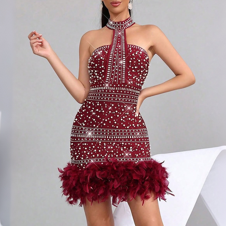 Step in Cocktail Evening Dress Scarf Sexy Beaded Sleeveless Tube Top Feather Hip Dress