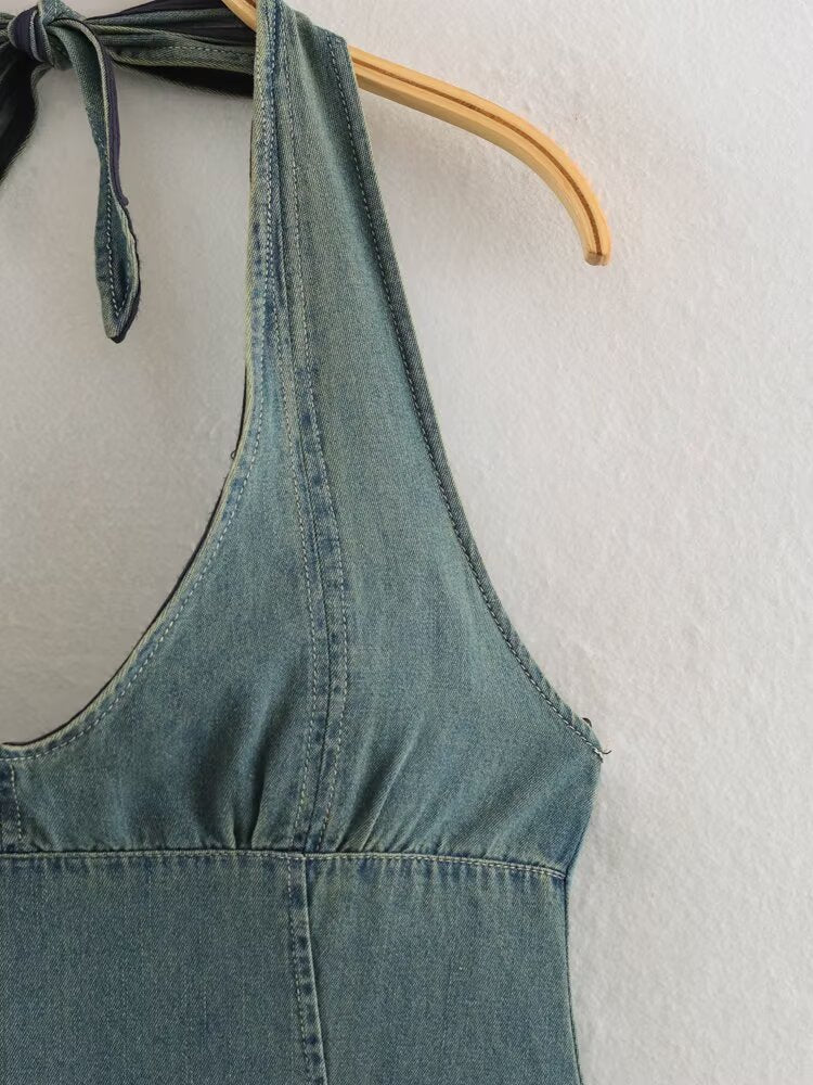 Women Clothing Summer Backless Hanging Collar V neck Bow Decorative Denim Dress