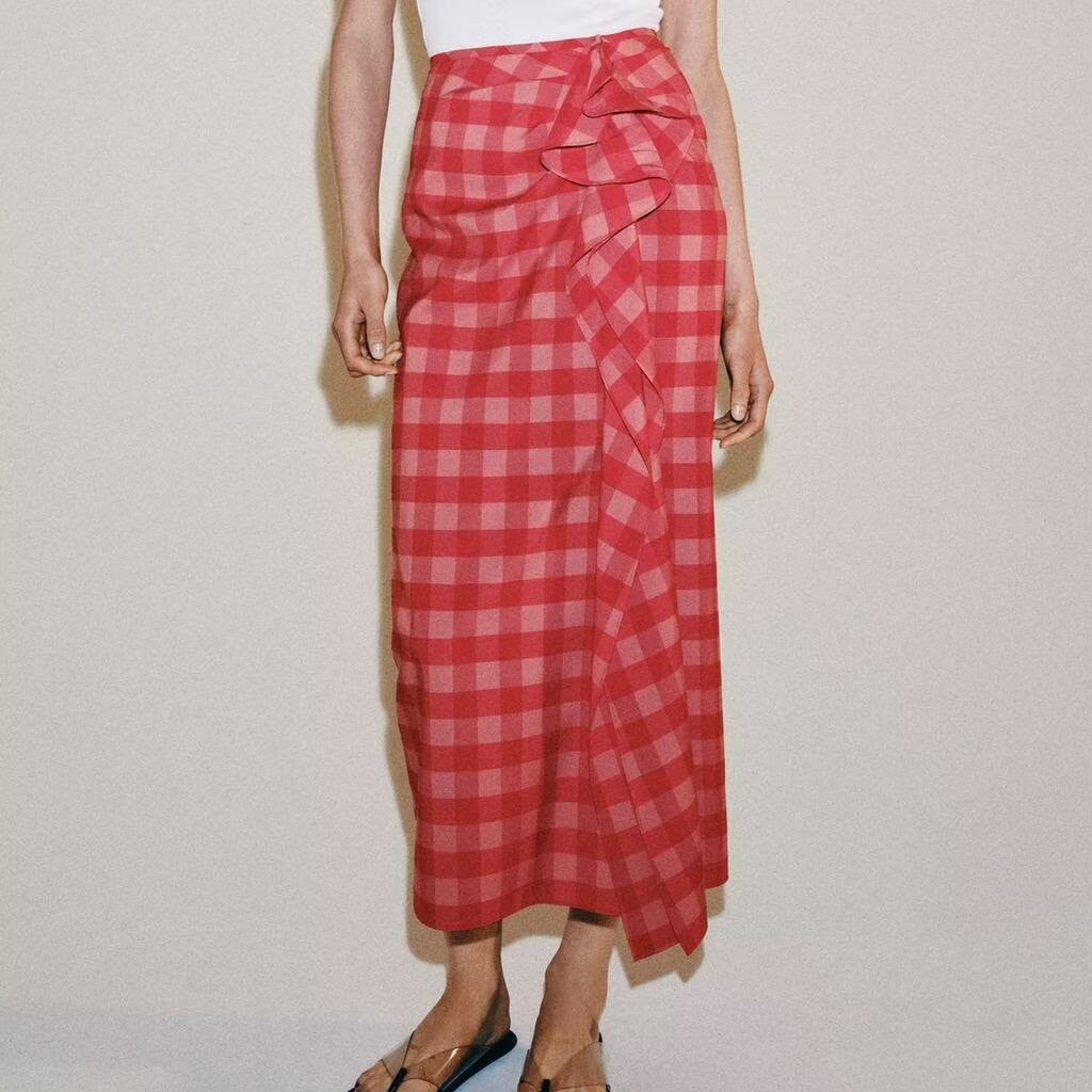 Women Clothing Summer Elegant Plaid Split Laminated Decoration Midi Dress