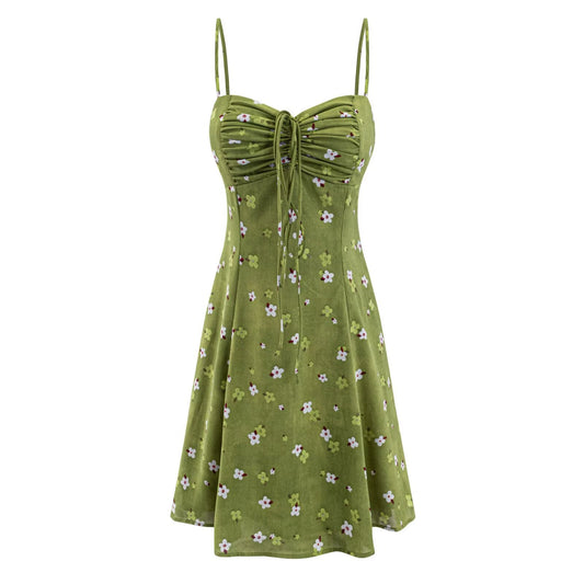 Summer Women Clothing Sexy Printed Short Dress Ruched Lace up Waist Trimming Spaghetti Straps Dress