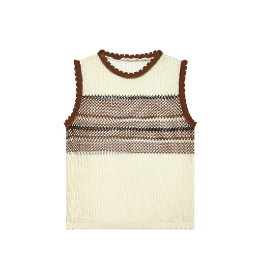 Women Clothing Summer Artistic Contrast Color Design round Neck Knitted Vest Top