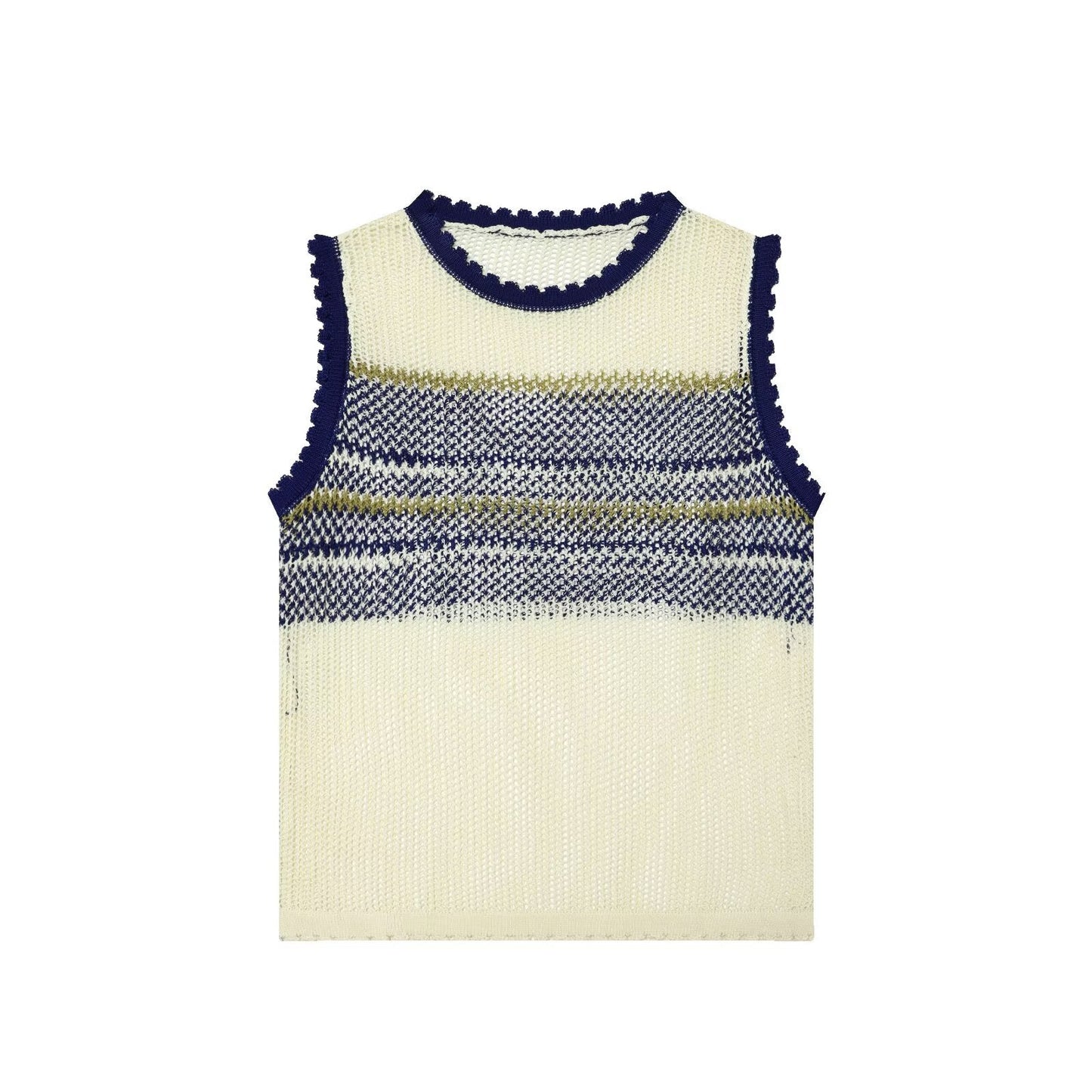 Women Clothing Summer Artistic Contrast Color Design round Neck Knitted Vest Top