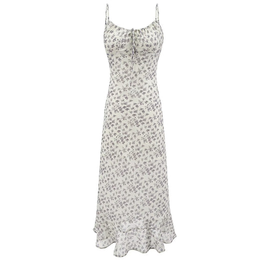 Summer Retro Vacation Printed Maxi Dress Ruffled Design Slim Strap Dress