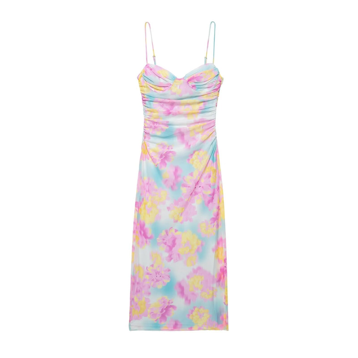 Women Clothing Summer Heart Shaped Collar Printed Silk Net Slim Strap Dress