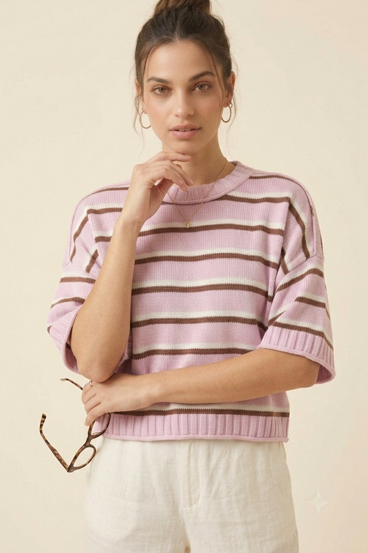 Autumn Winter Women Clothing Short Sleeve round Neck Striped Knitted round Neck Sweater Women