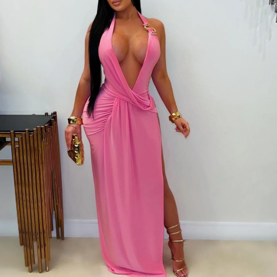 Women Wear Sexy Deep V Plunge Halter Backless Sheath Dress