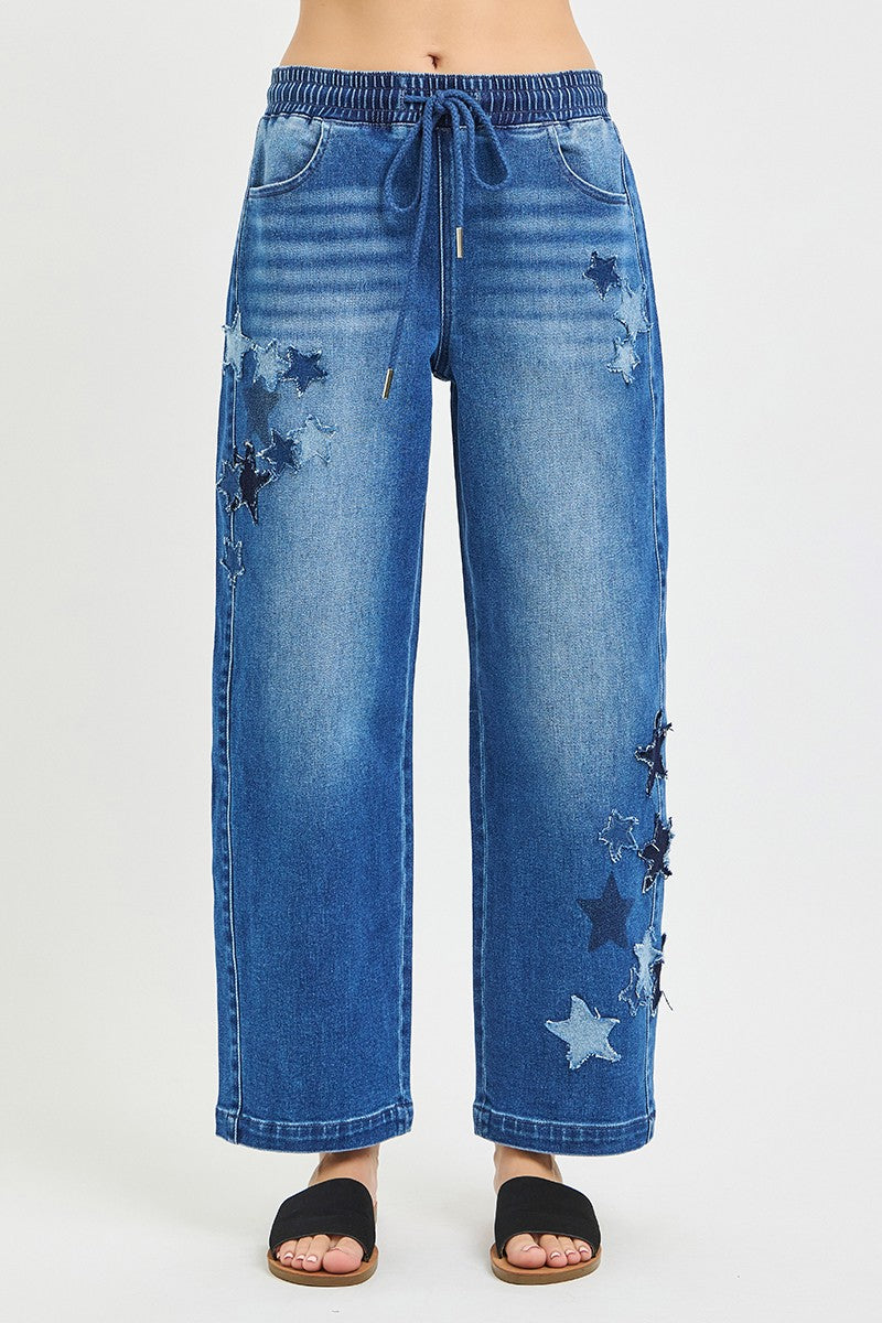 RISEN Elastic Band Slouchy Cropped Barrel Jeans with Star Patch
