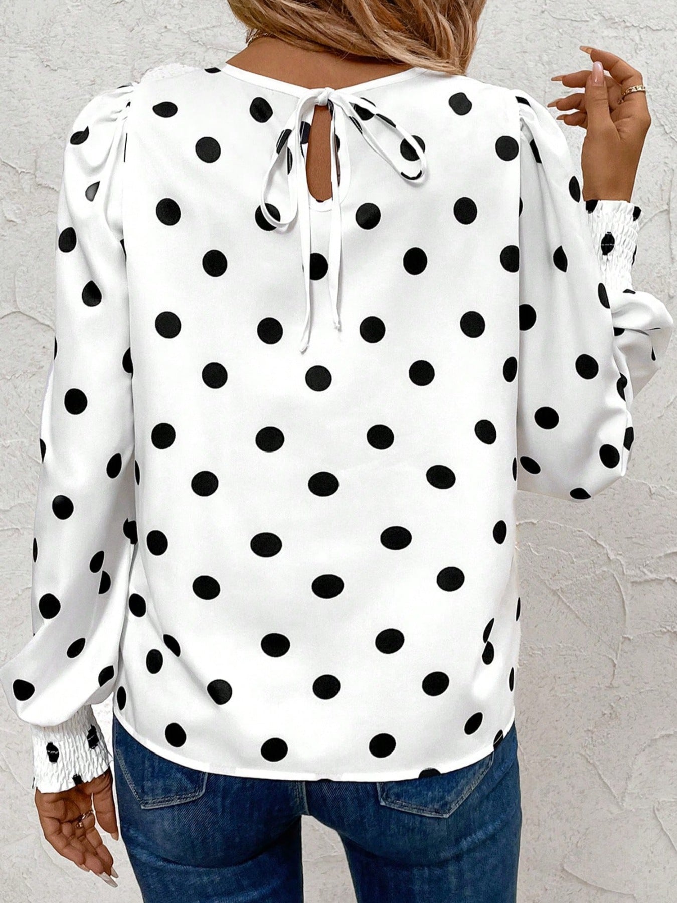 Women's White Polka Dot Long Sleeve Blouse