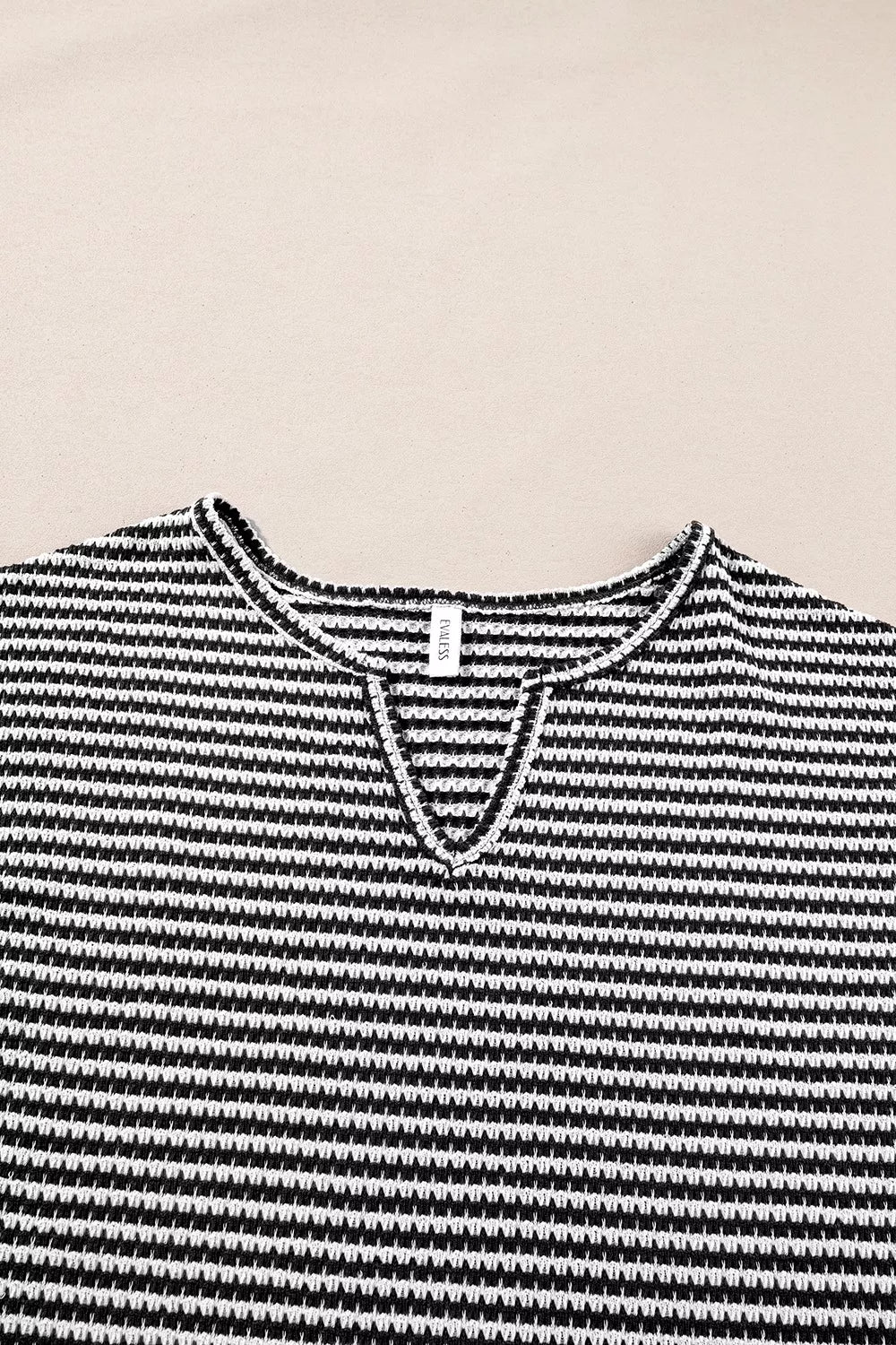 Stripe Textured Knit Notched Neck Cuffed Short Sleeve Shirt