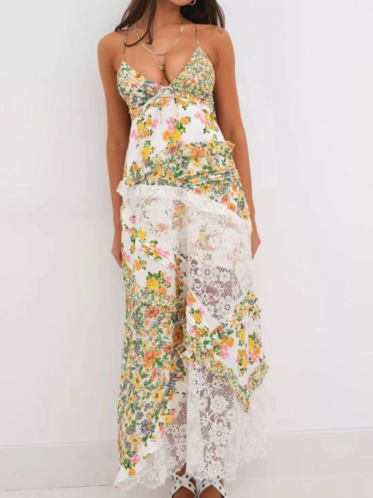 Lace Detail Ruffled Floral V-Neck Maxi Dress