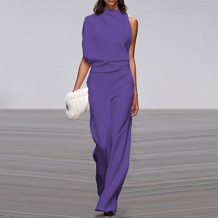 Women Pants Solid Color One Shoulder Pile Collar Jumpsuit Popular Dress Trousers