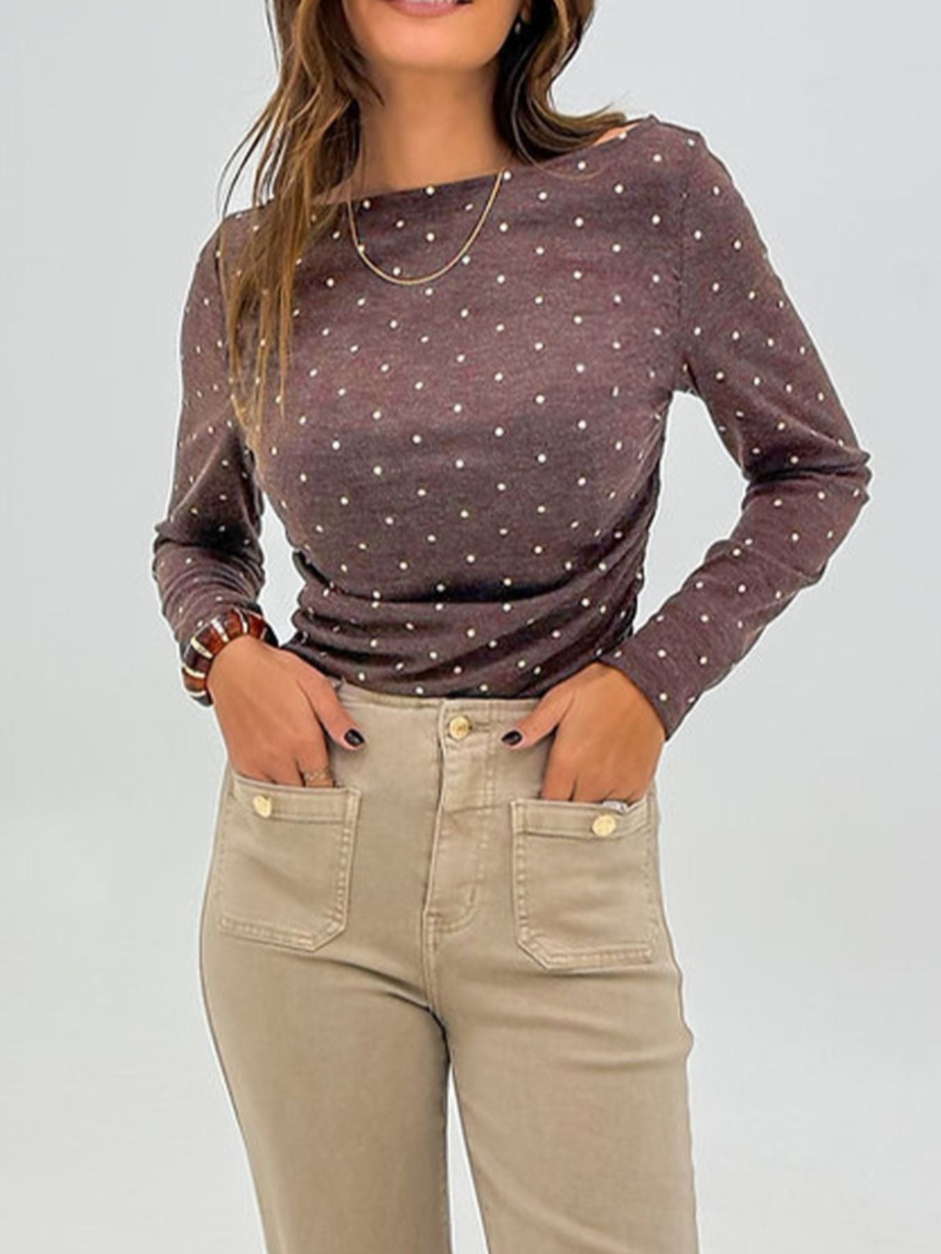 Polka Dot Boat Neck Knit Long Sleeve Shirt