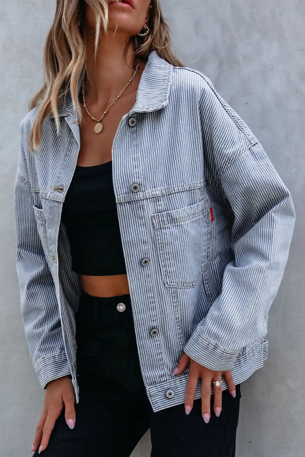 Shirts Love Salve Sky Blue Denim Jacket Women's Casual Oversized Pocketed Vintage