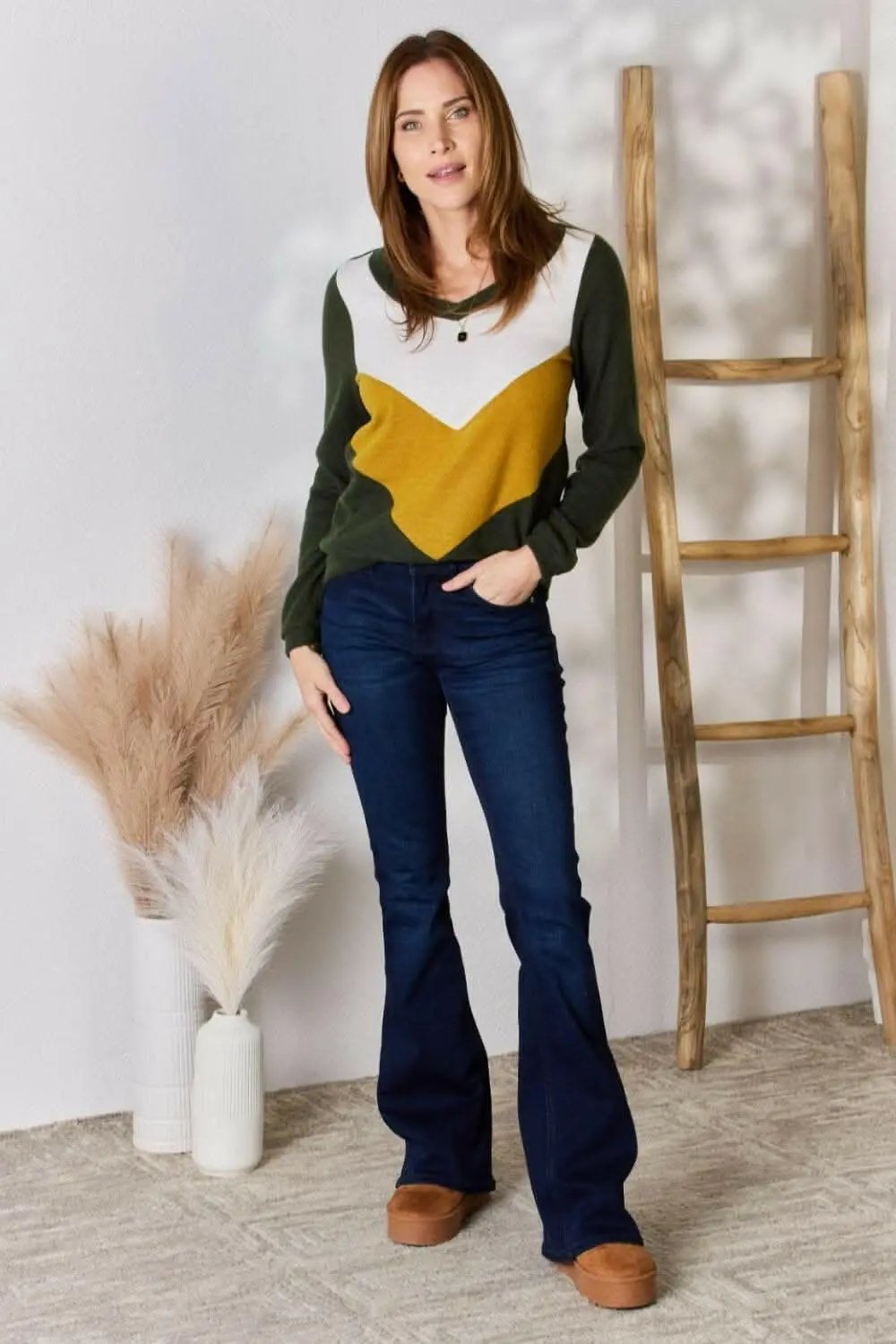 Plus Size Colorblock Blouse Olive | Trendsi Versatile