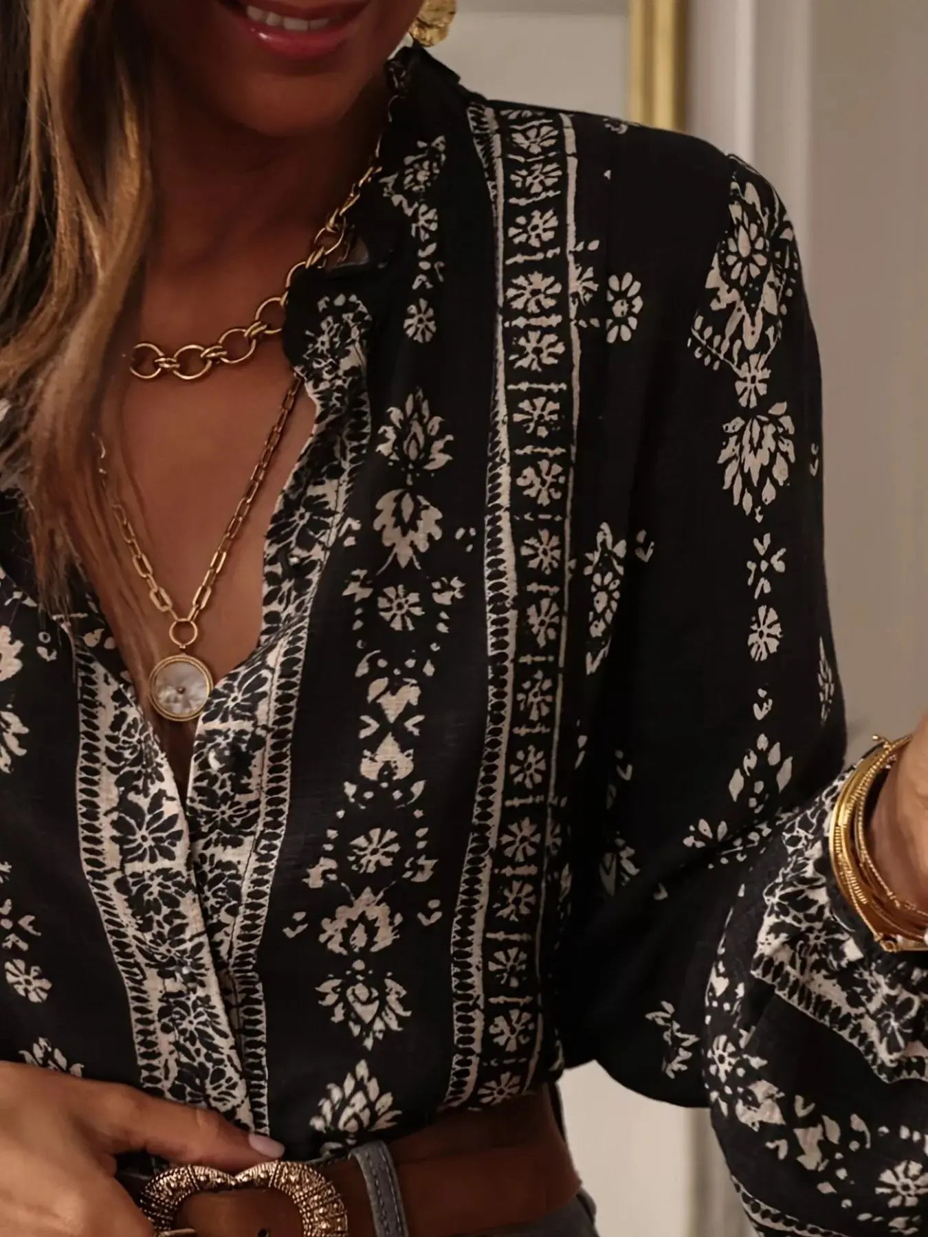 Printed Long Sleeve Boho Blouse