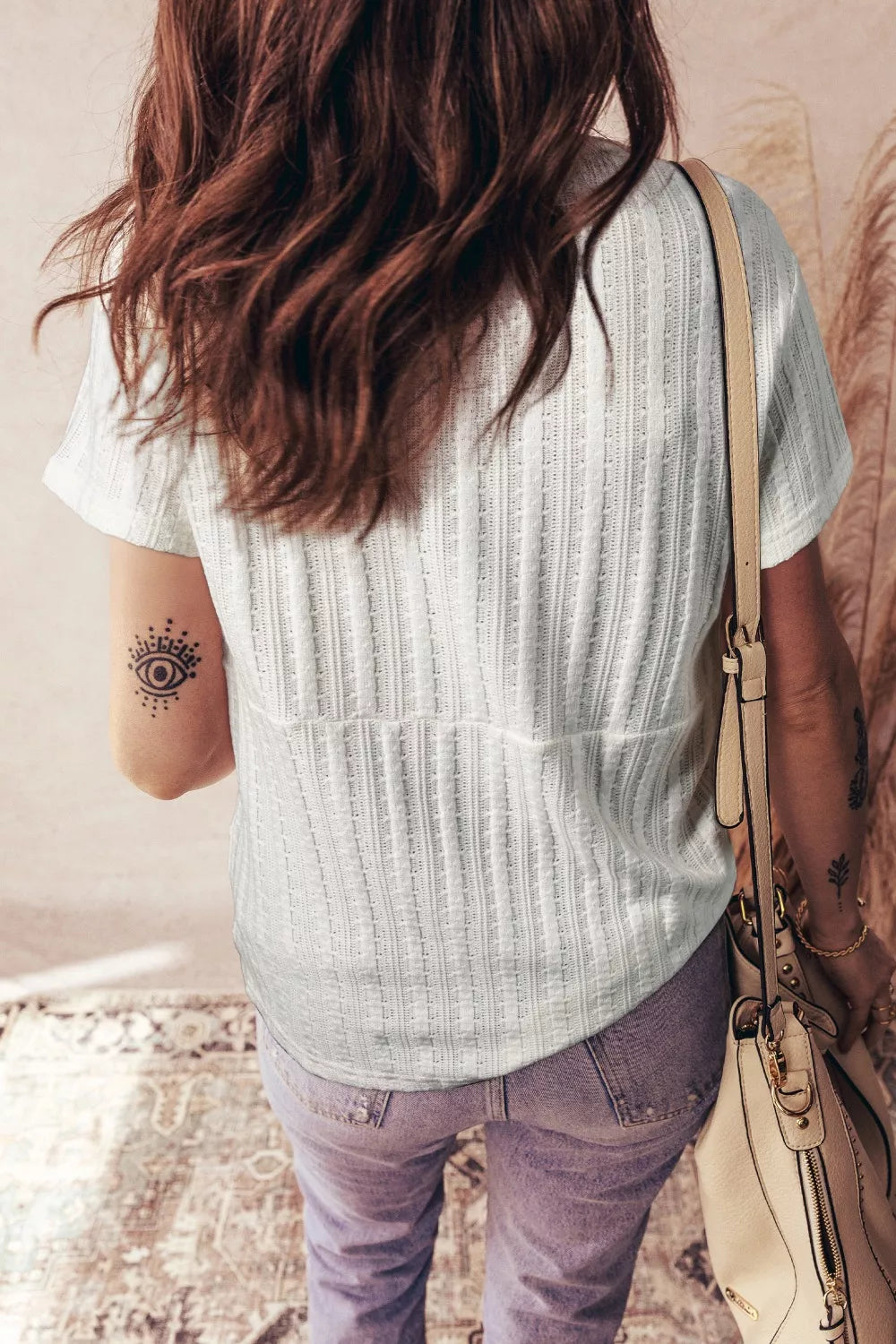 Ribbed Knit Button Detail V Neck T Shirt