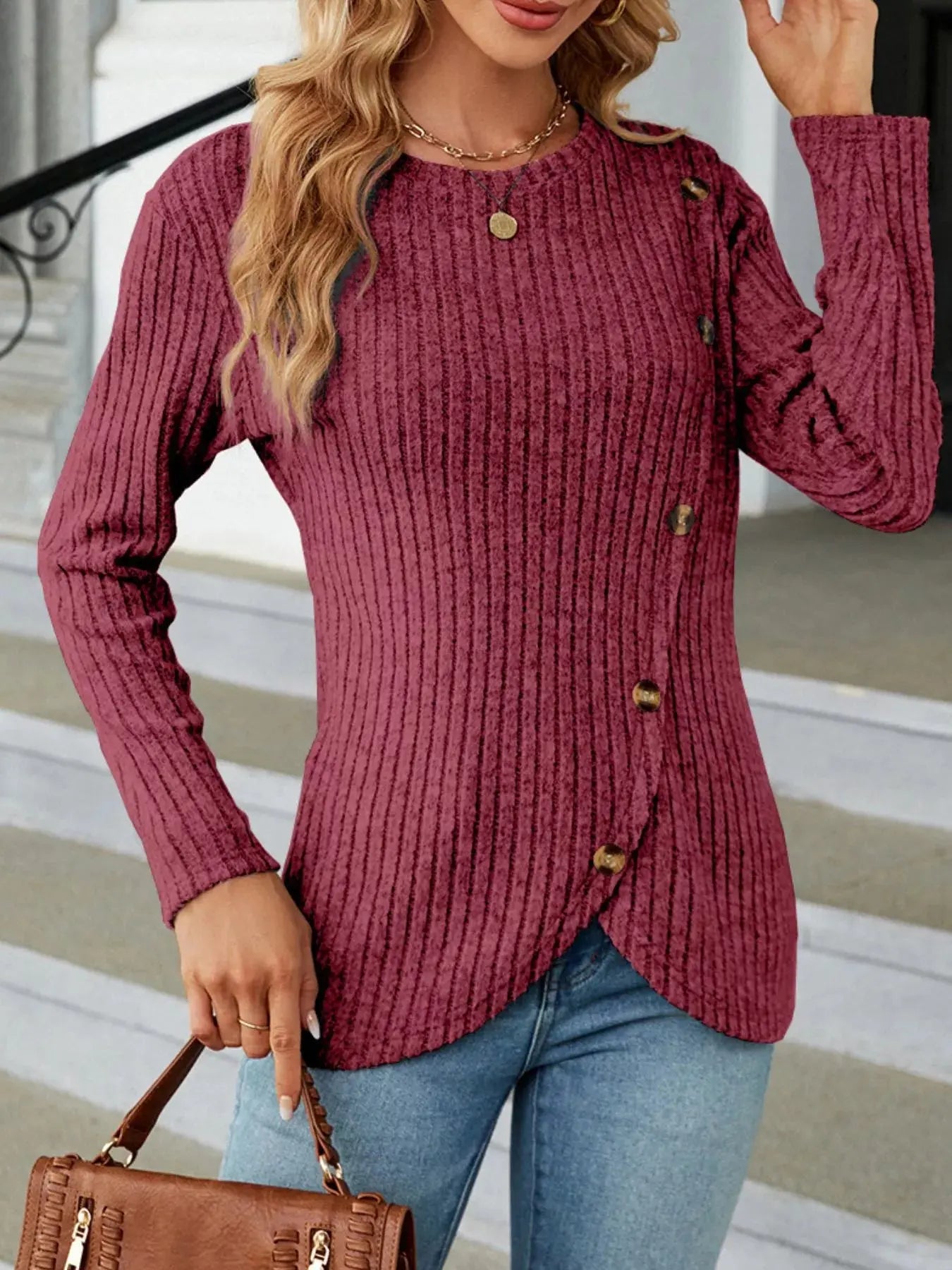 Decorative Button Ribbed Knit T Shirt