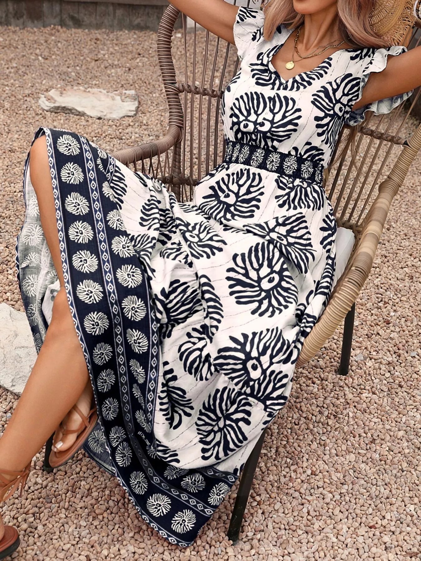 Printed V Neck Cap Sleeve Maxi Dress