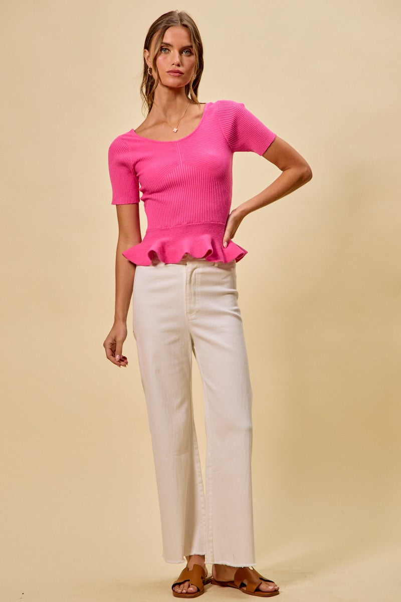 Hot Pink Ribbed Knit Short Sleeves Peplum Sweater Top