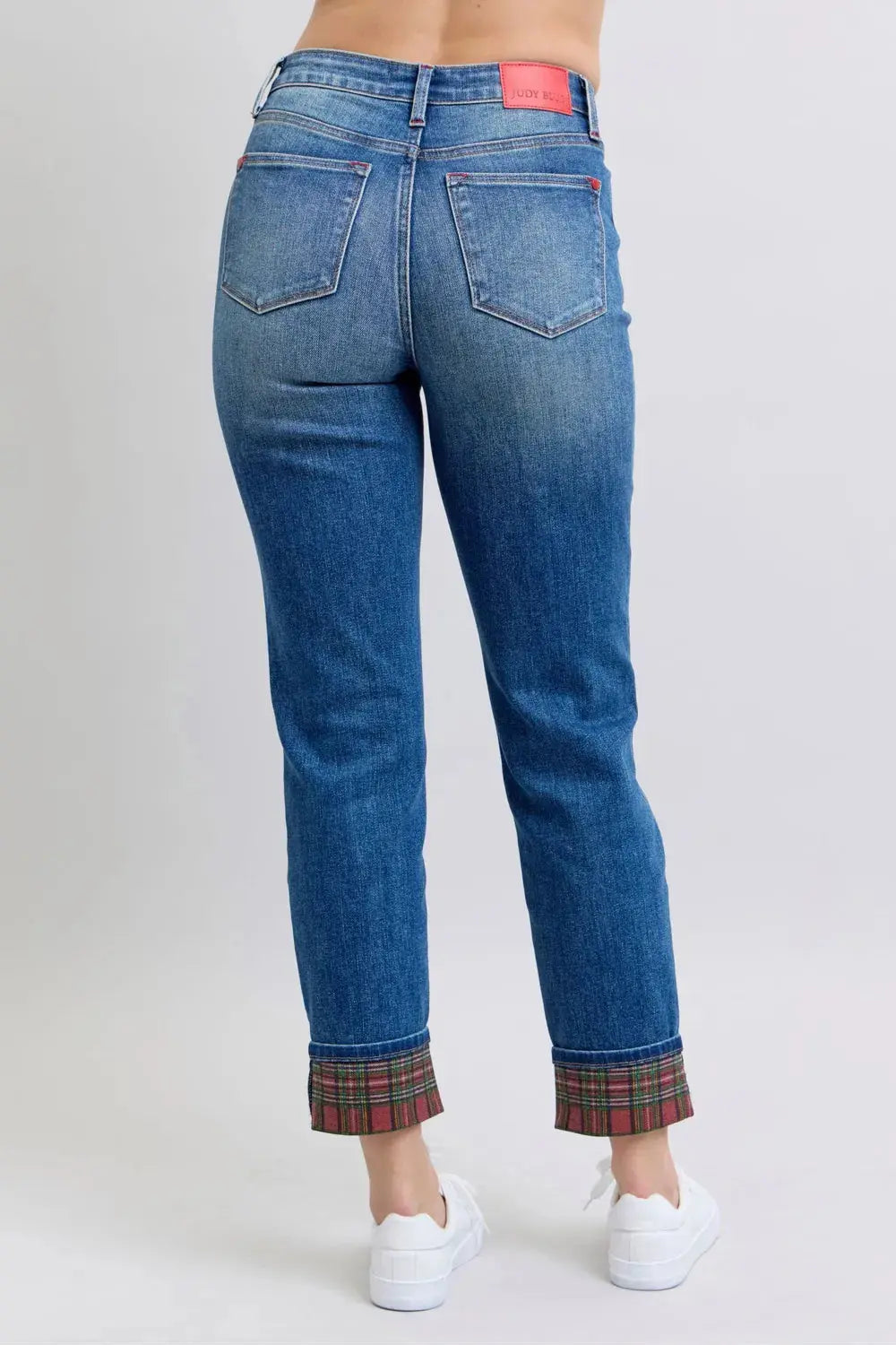 Full/Plus Size Plaid Print Cuff Straight Leg Judy Blue Jeans with Pockets