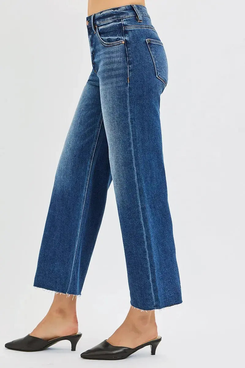 RISEN Jeans - Plus Size Mid Rise Crop Wide Raw Cut Hem Jeans