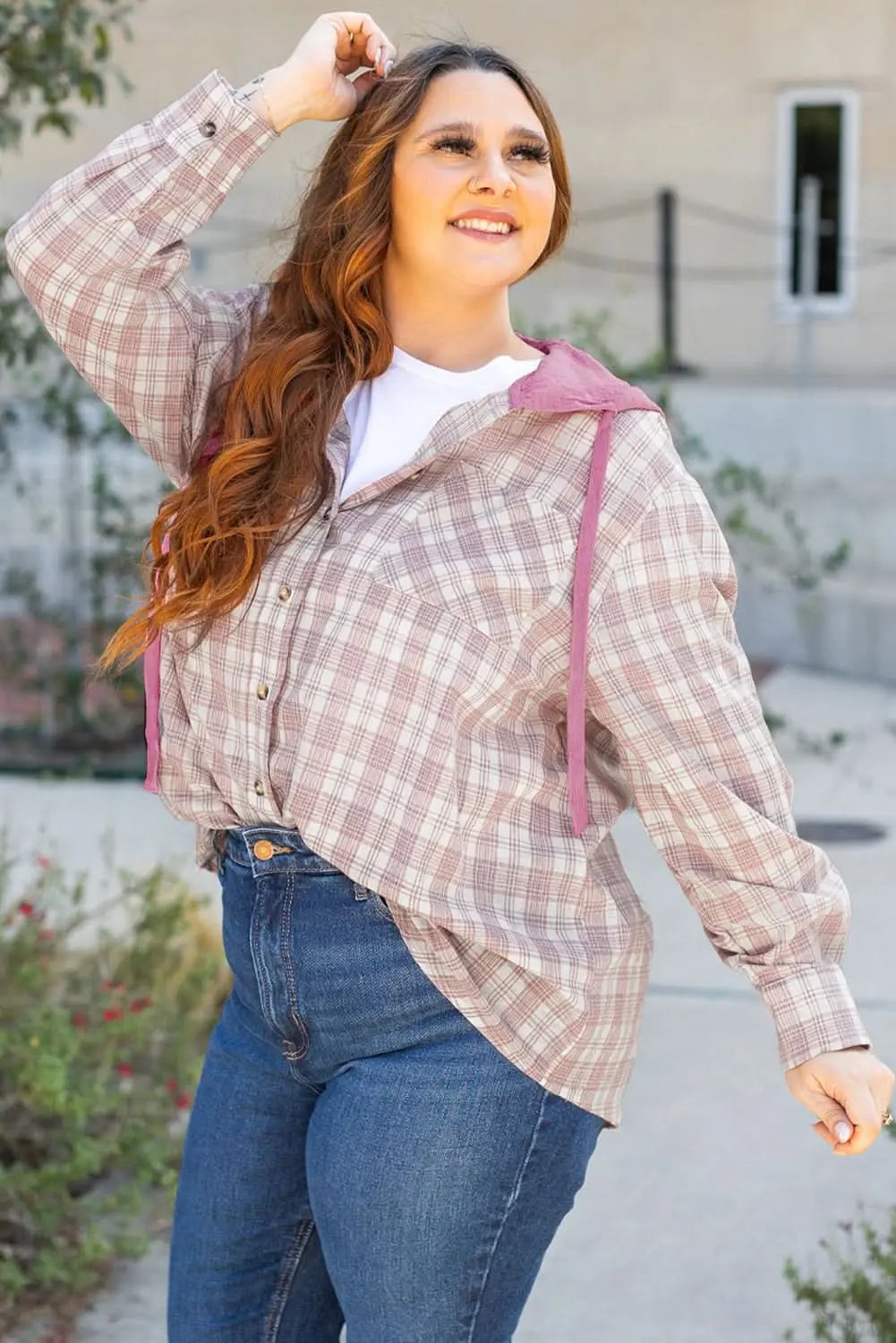 Love Salve Women's Hooded Plaid Shirt — Plus Size Comfort
