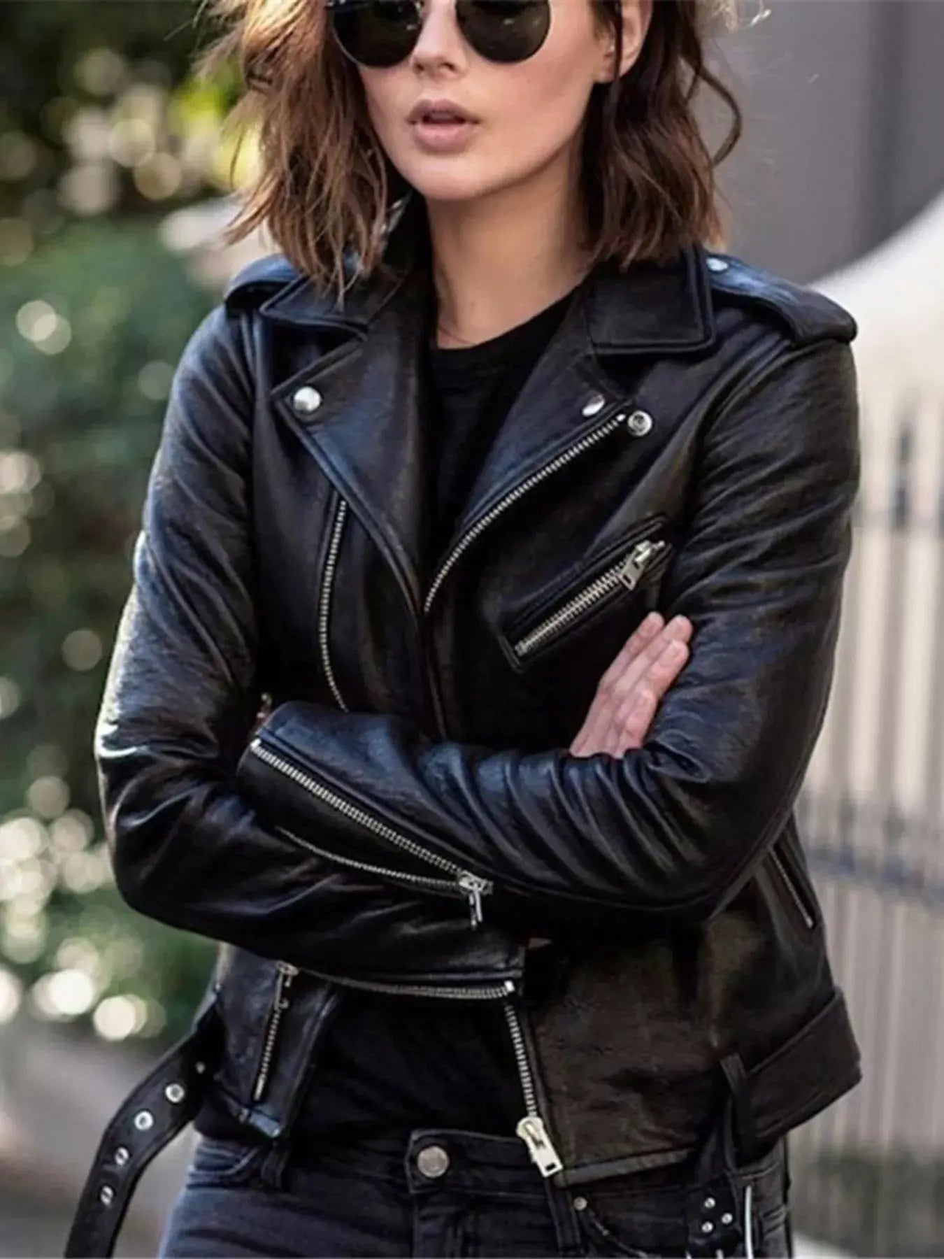 Plus Size Zip Up Motorcycle Biker Faux Leather Jacket
