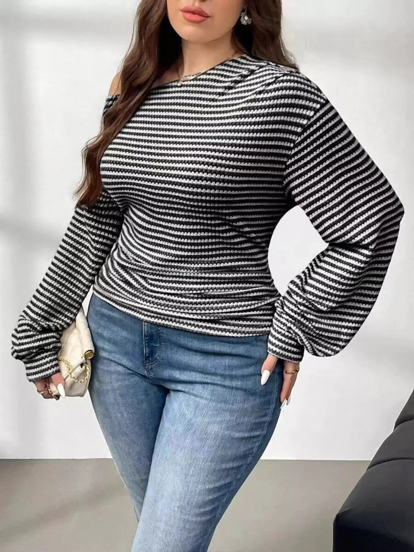 Striped One-Shoulder Plus Size Long Sleeve T Shirt