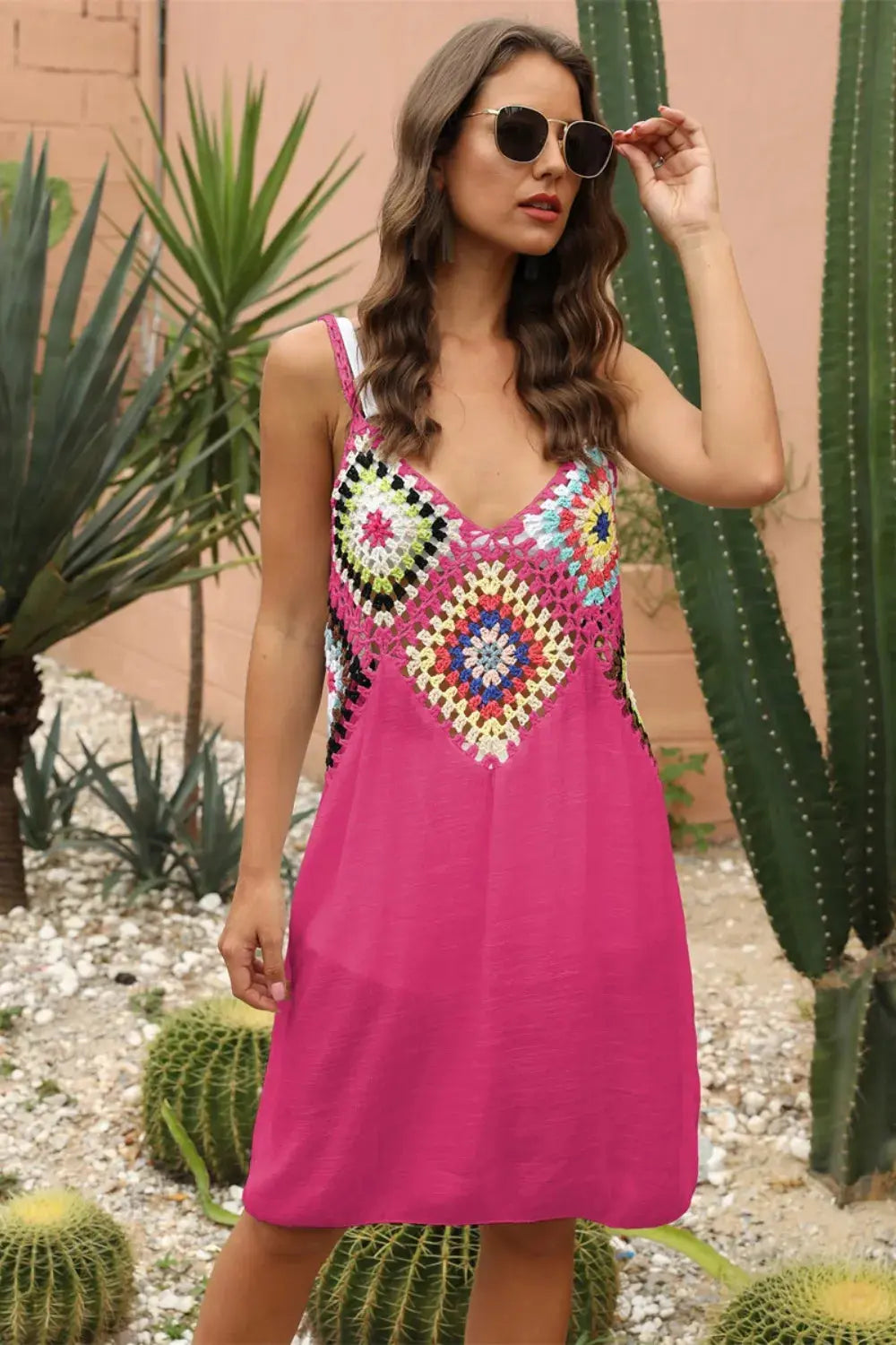 Crochet Geometric V-Neck Spaghetti Strap Cover Up Dress