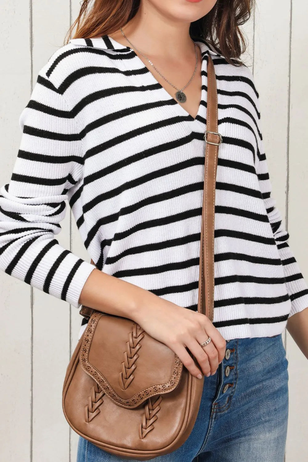 Double Take Striped Johnny Collar Long Sleeve Knit Top