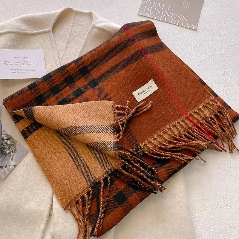 Plaid Fringe Winter Womens Scarf