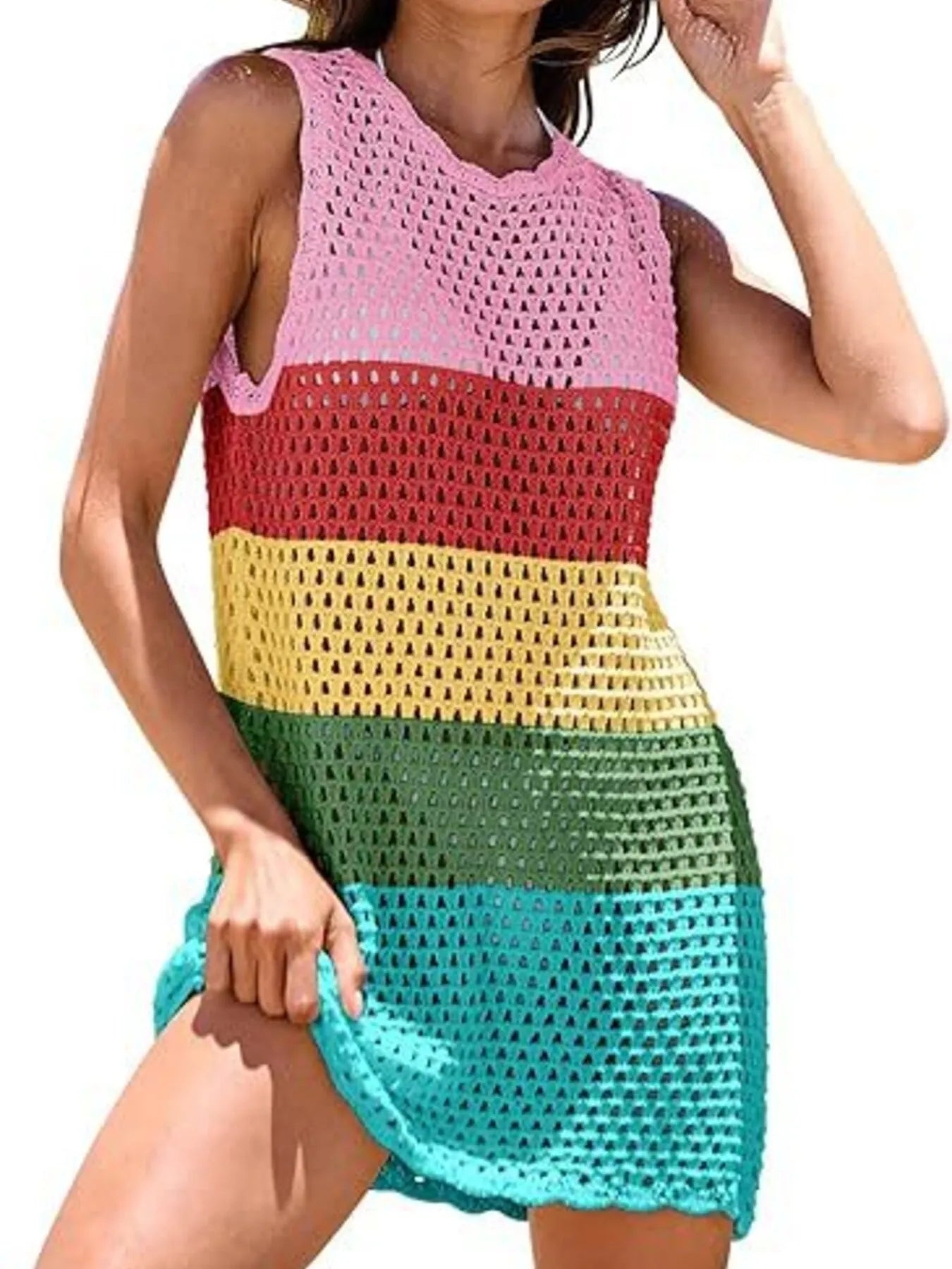 Color Block Openwork Cutout Back Sleeveless Cover Up
