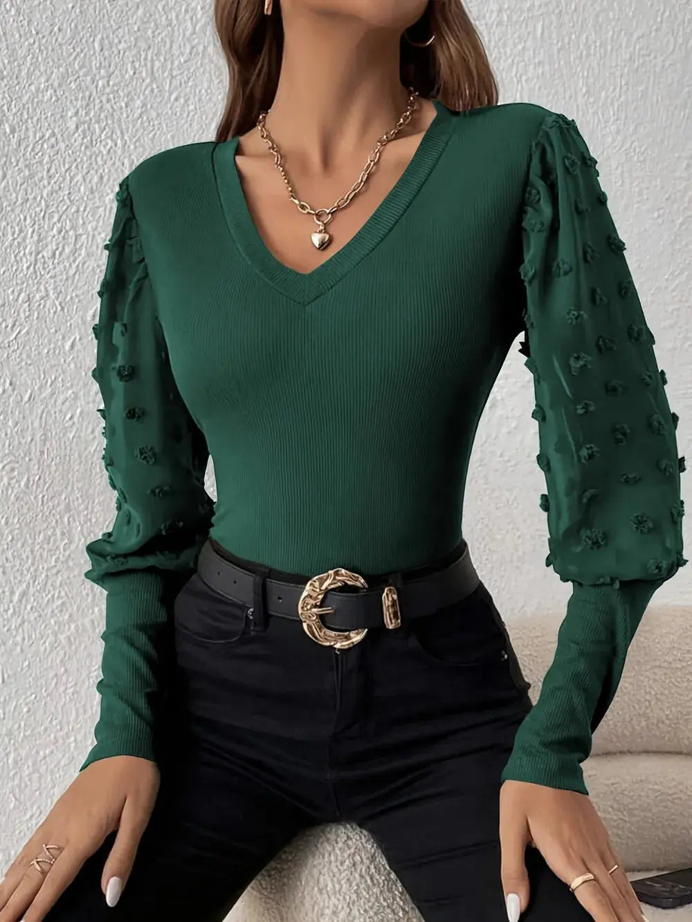 Swiss Dot V Neck Long Sleeve Top