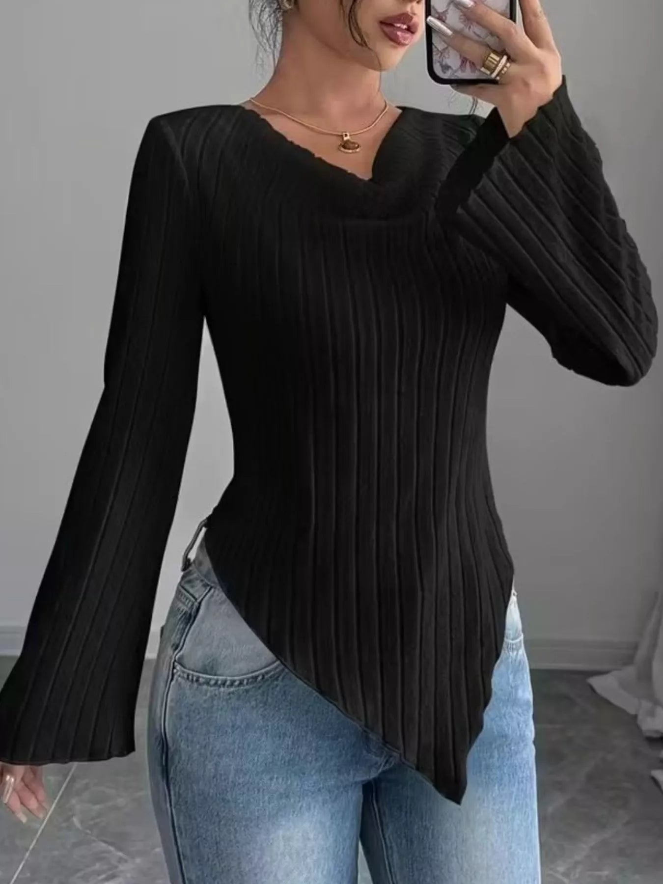 Cowl Neck Ribbed Knit Top