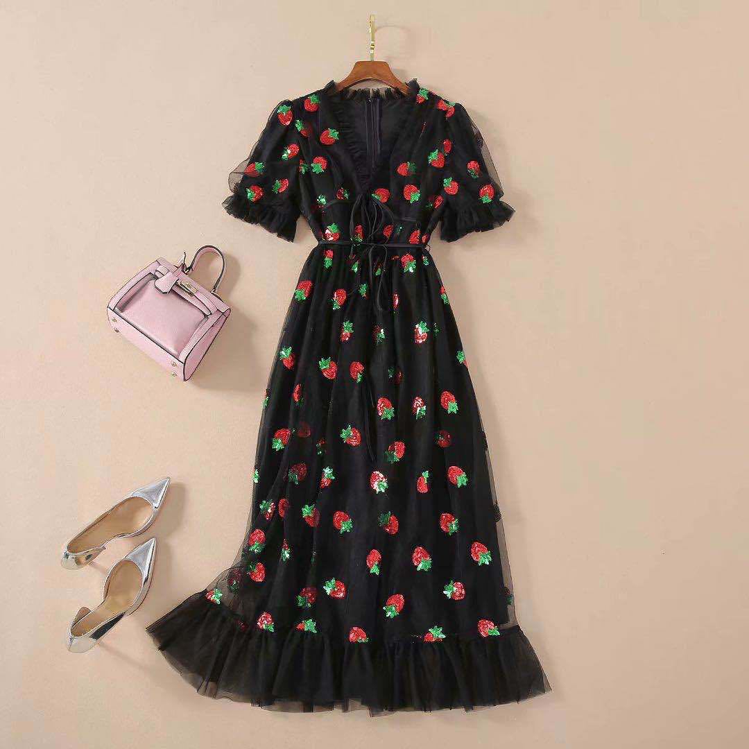 Dress French Strawberry Two Color V neck Fashionable Sequined Dress Mesh Lace up Pleated Dress