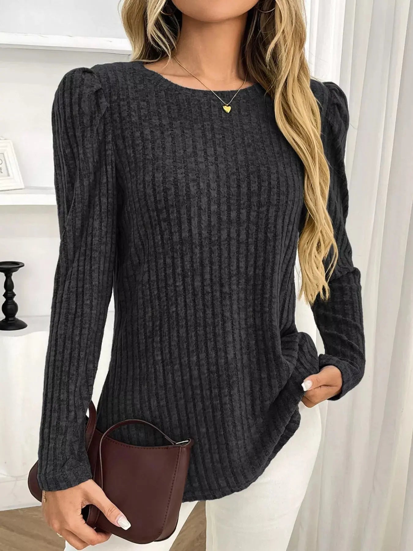 Round Neck Puff Sleeve T Shirt