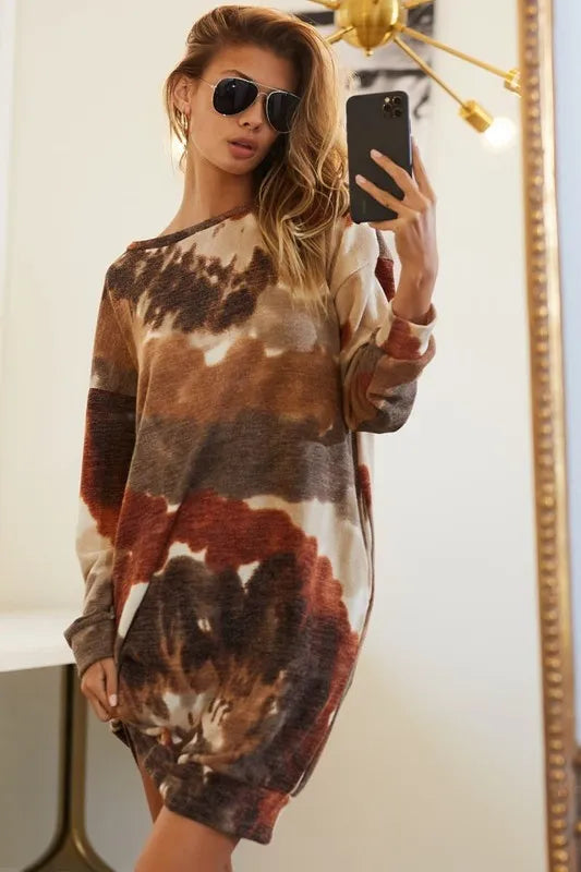 Rust/Olive Color Tie Dye Print Knit Dress with Side Pocket