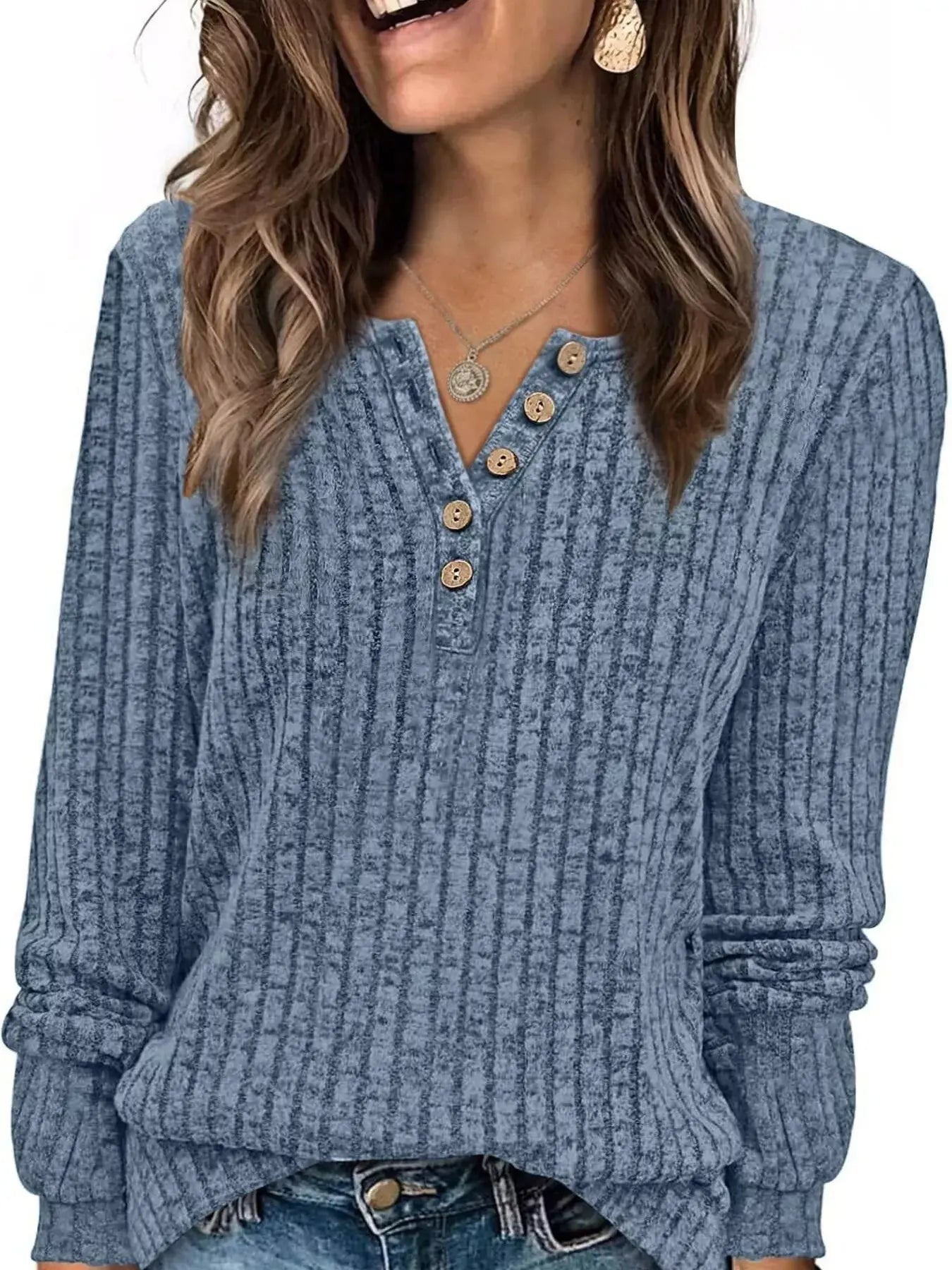 Ribbed Knit Button Front Long Sleeve T Shirt
