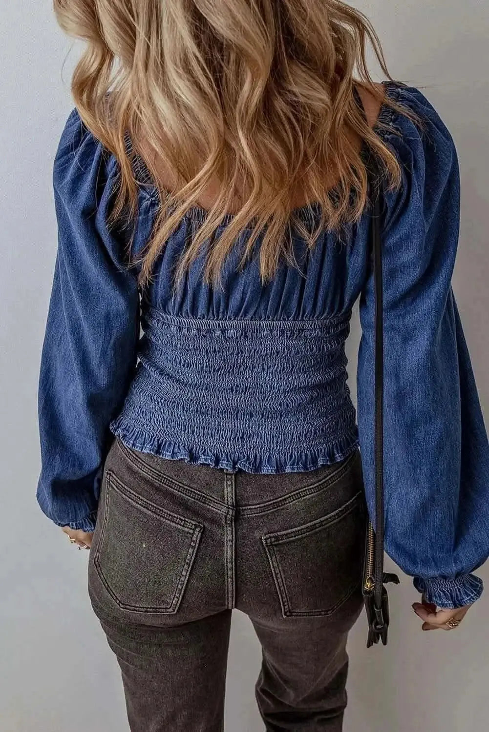 Trendsi Smocked Denim Top Long Sleeve Cotton Blend — Women's Casual
