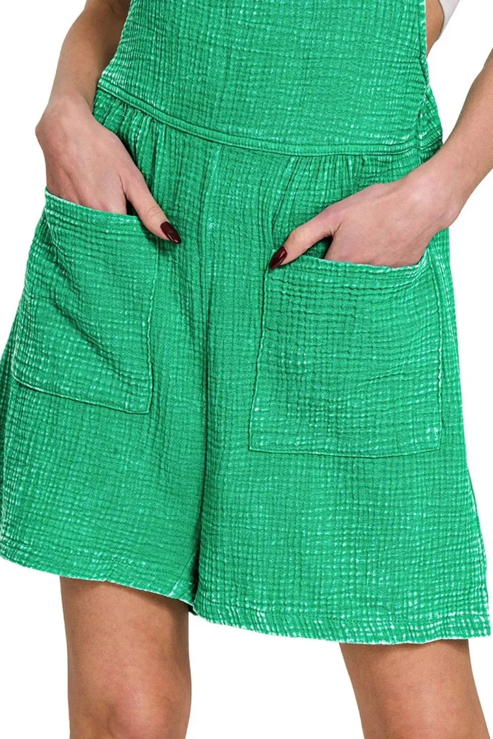 Zenana Woven Green Acid Washed Cotton Gauze Romper with Pockets