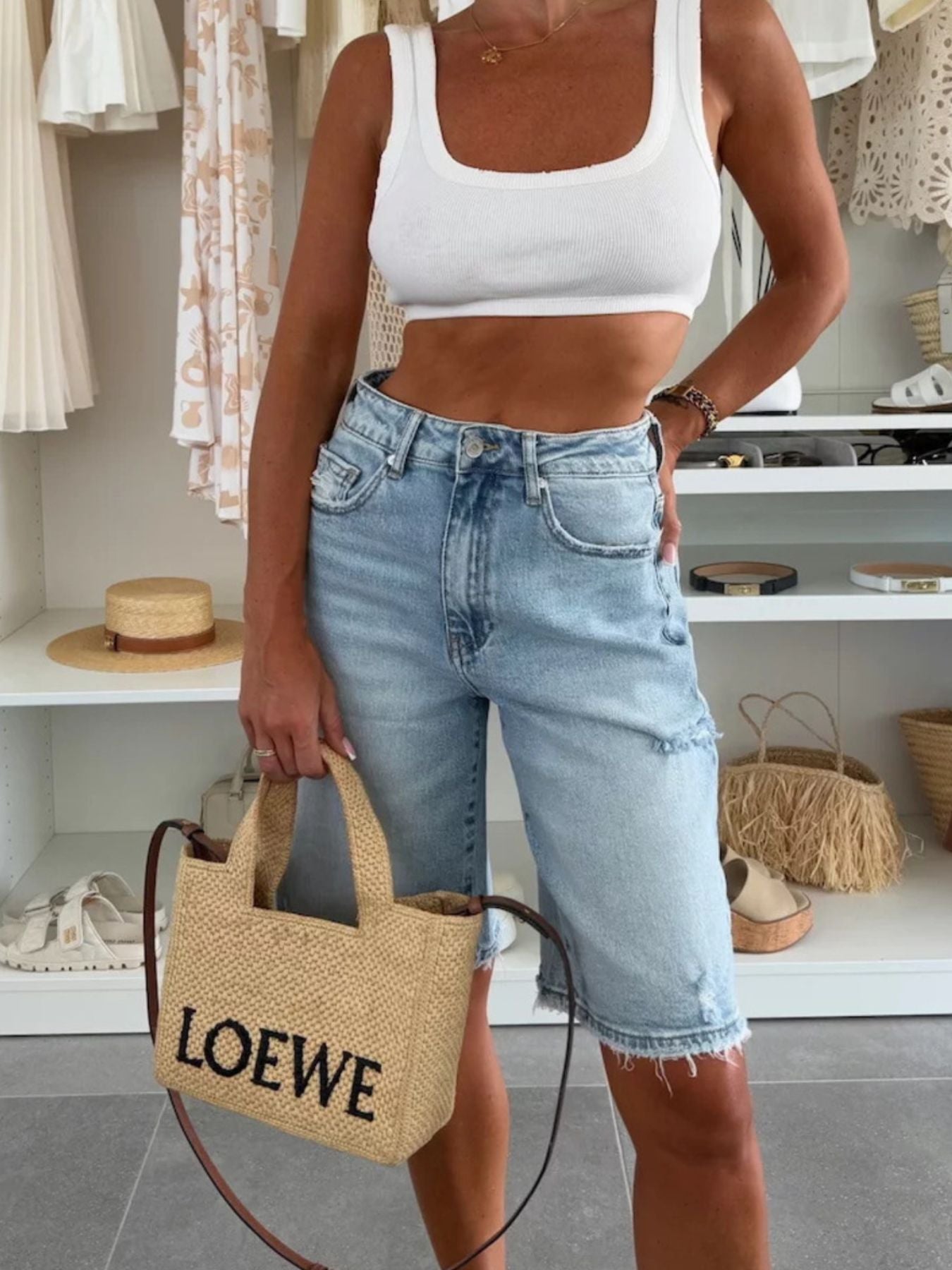 Distressed High-Waisted Blue Denim Shorts