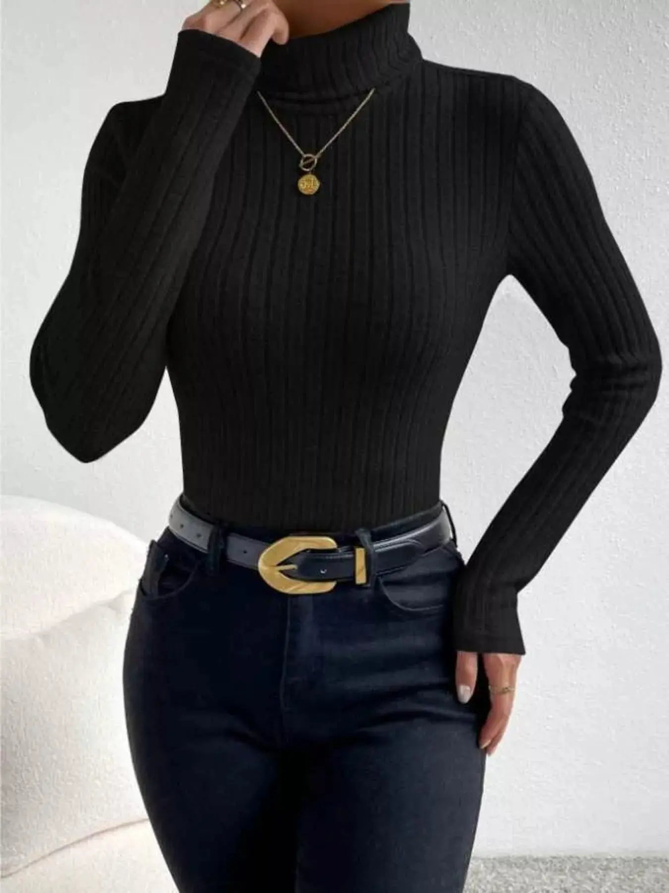 Ribbed Turtleneck Long Sleeve T Shirt