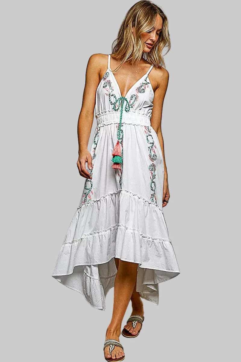 Embroidered Detail Tassel Tie Smocked Waist Midi Tiered Cami Dress