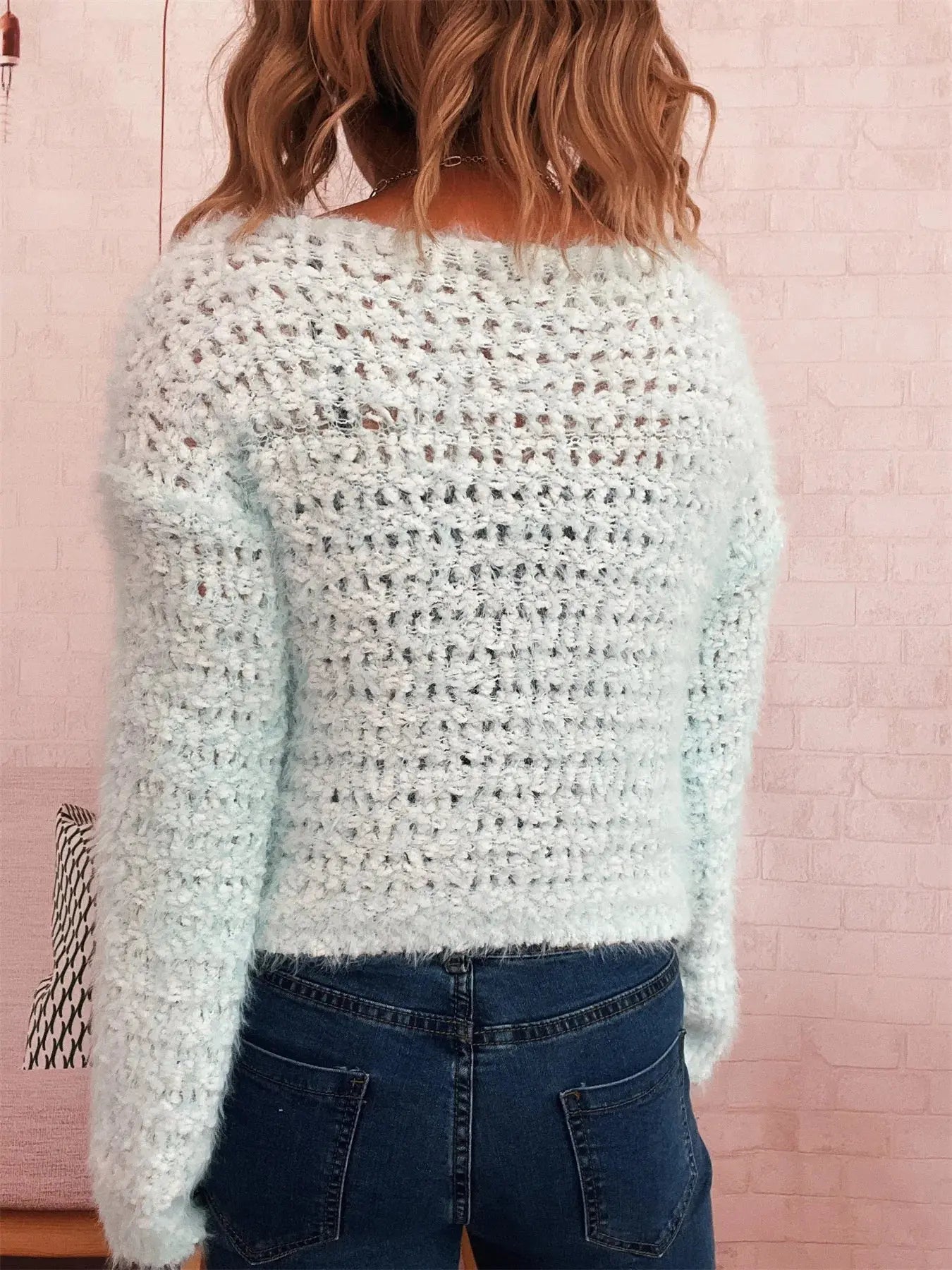 Crochet Dropped Shoulder Round Neck Sweater