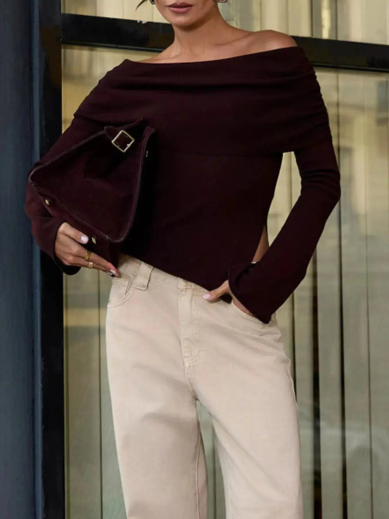 Asymmetrical Hem Off Shoulder Long Sleeve Knit Top