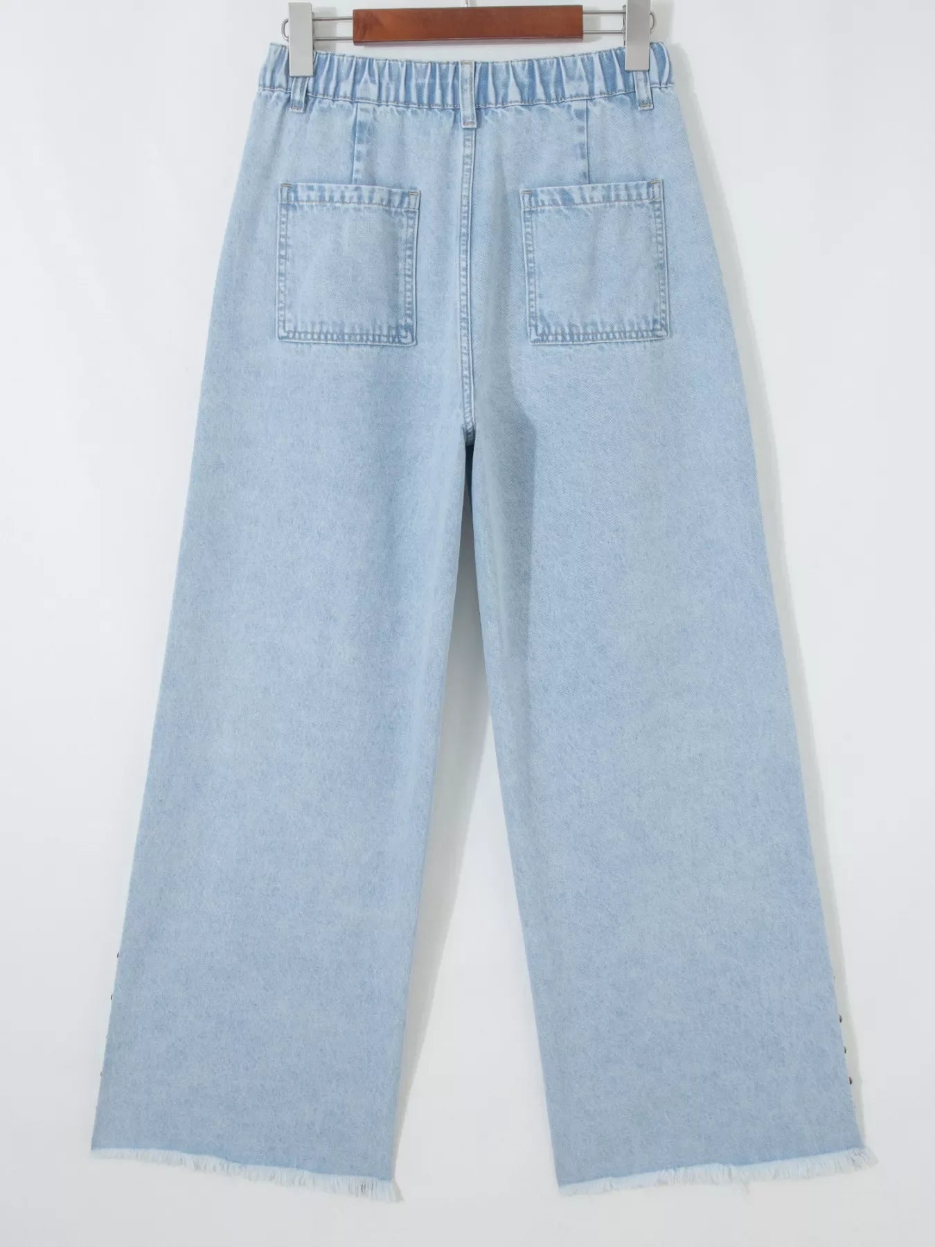 Studded Side Slit Leg Pocketed Frayed Wide Leg Jeans