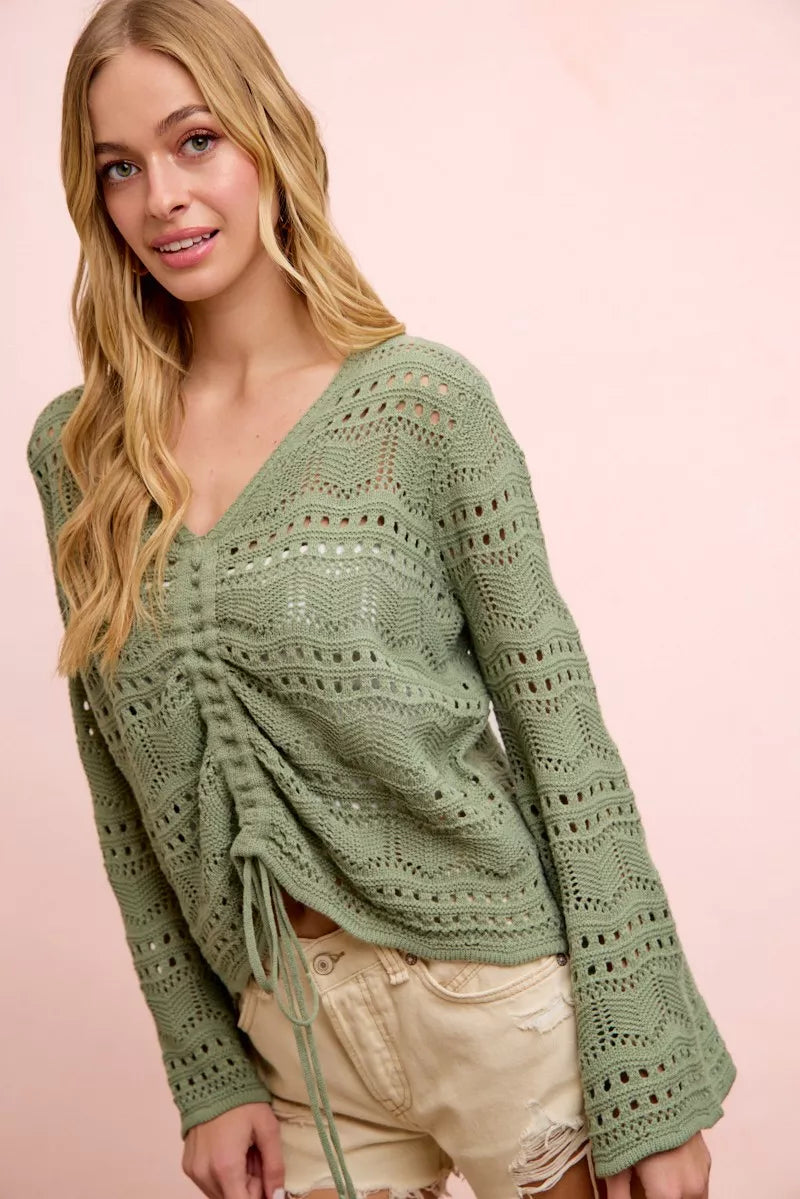 Green Pointelle Knit V Neck Ruched Front Lightweight Top
