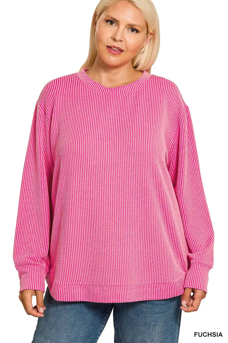 Zenana Plus Size Raised Rib Round Neck Long Sleeve Top